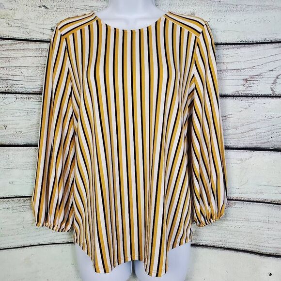 Adrianna Papell Mustard Yellow Striped Blouse S Long Sleeve Career Top - Picture 1 of 6